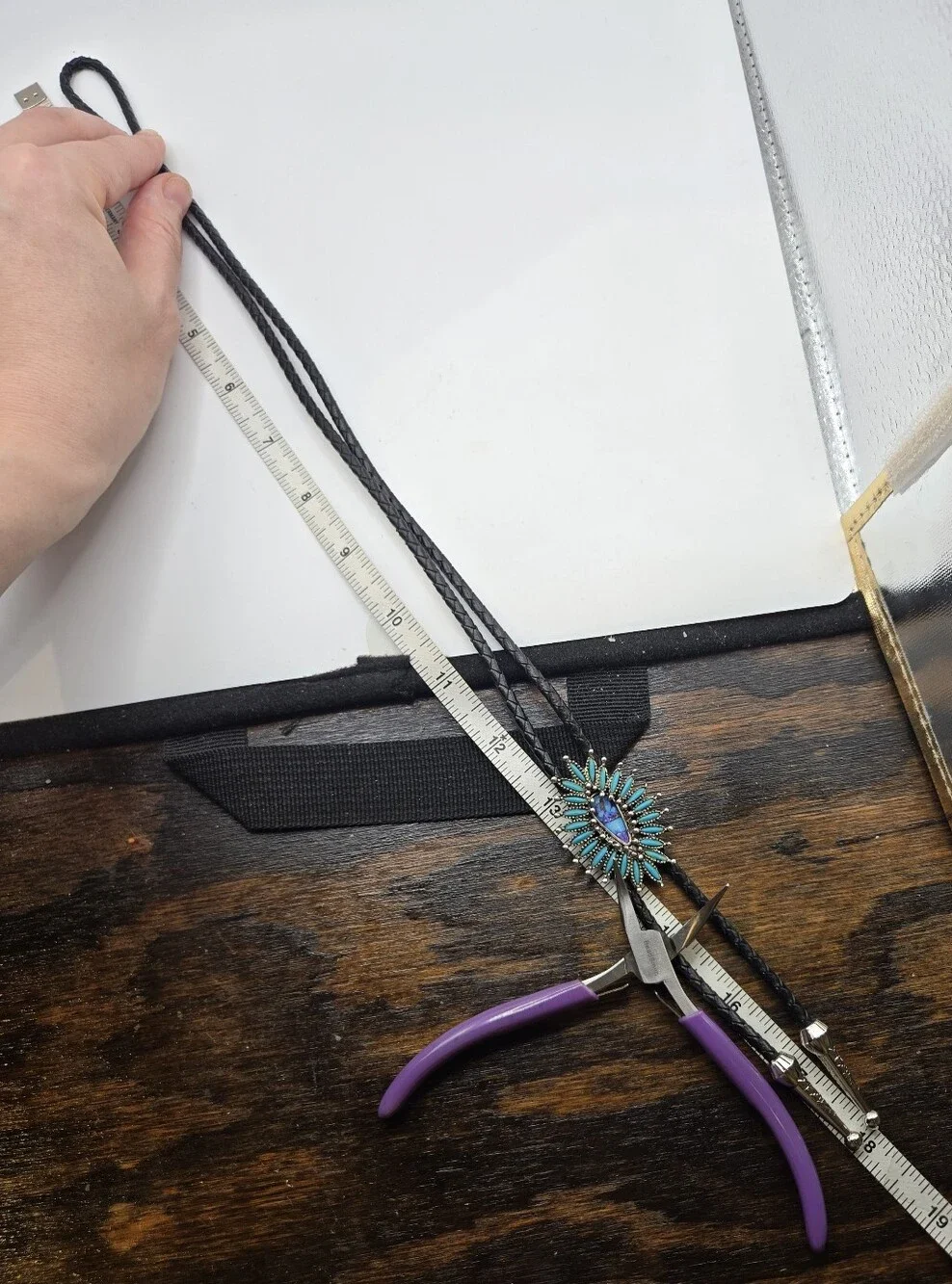Silver Faux Turquoise Western Bolo Tie Leather Braid Rockstar 70s Aesthetic
